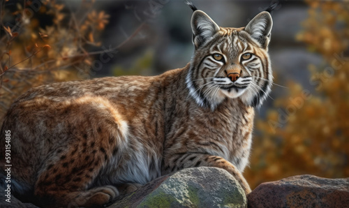 Bobcat (lynx rufus) perched on rocky outcropping with distinctive tufted ears alert. Its coat, patterned with spots & stripes blends seamlessly into the rugged terrain of its habitat. Generative AI © Bartek