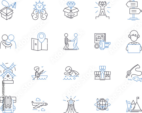 Activities and tourism outline icons collection. Activities, Tourism, Recreation, Sightseeing, Exploring, Adventure, Vacation vector and illustration concept set. Hiking, Fishing, Biking linear signs