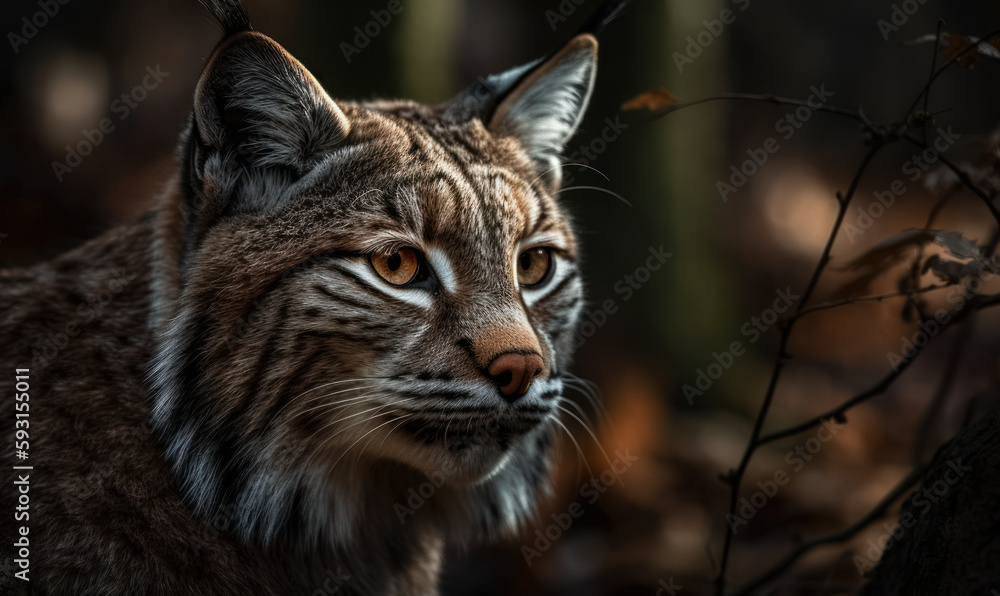 close up photo of bobcat on blurry forest background. Generative AI close up photo of bobcat on blurry forest background. Generative AI