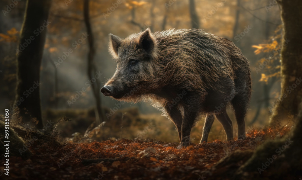 Wild boar standing in a forest clearing, its muscular body rippling with power & energy. Forest around the animal is depicted in a soft blur, emphasizing the boar's dominant presence. Generative AI Wild boar standing in a forest clearing, its muscular body rippling with power & energy. Forest around the animal is depicted in a soft blur, emphasizing the boar's dominant presence. Generative AI