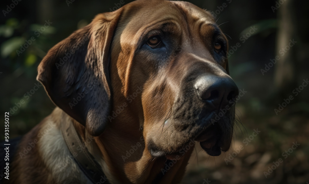 close up photo of bloodhound with natural blurry background. Generative AI - obrazy, fototapety, plakaty 
