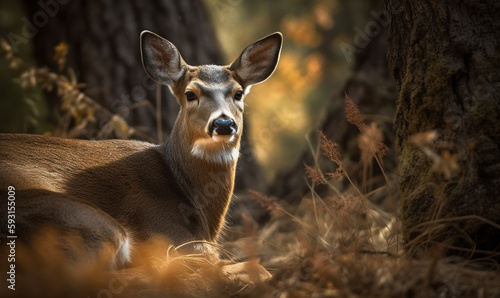 photo of black-tailed deer standing in the forest during AUtumn. Generative AI