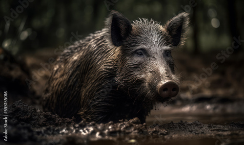 photo of wild boar standing on a forest path in mud. Generative AI