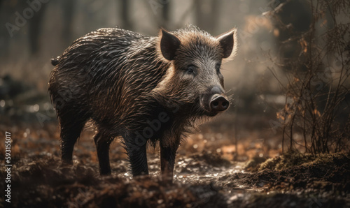 photo of wild boar standing on a forest path in mud. Generative AI