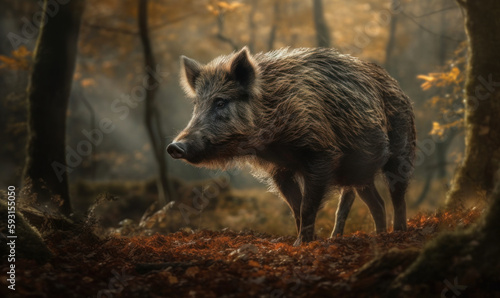 Wild boar standing in a forest clearing, its muscular body rippling with power & energy. Forest around the animal is depicted in a soft blur, emphasizing the boar's dominant presence. Generative AI