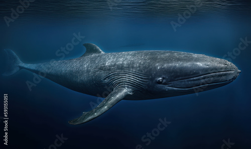 Photo of Balaenoptera musculus, also known as the blue whale, in its natural habitat - vastness of the ocean. the blue whale is incredible size as it swims gracefully through the water. Generative AI © Bartek