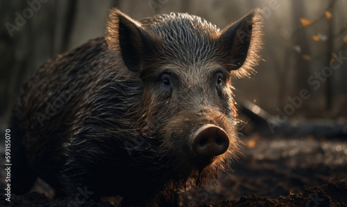 close up photo of wild boar in its natural habitat. Generative AI