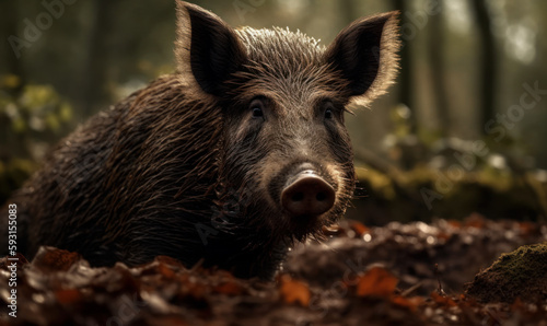 close up photo of wild boar in forest. Generative AI