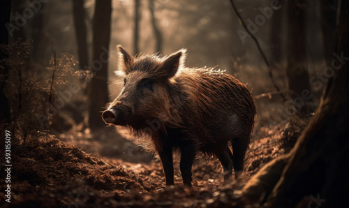 photo of wild boar in its natural habitat. Generative AI