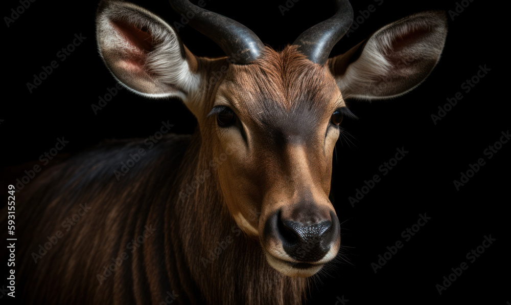 close up photo of bongo (Tragelaphus eurycerus) on black background. Generative AI close up photo of bongo (Tragelaphus eurycerus) on black background. Generative AI