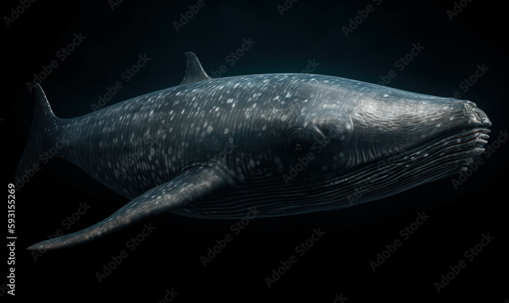 photo of Balaenoptera musculus, also known as the blue whale, on black background. Generative AI