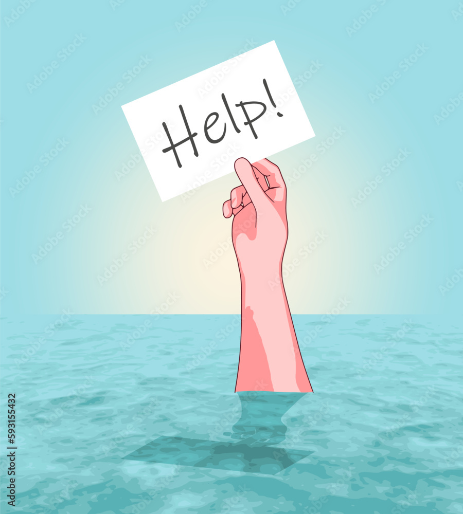 Hand of drowning person. Help text on a piece of paper. Life saving in