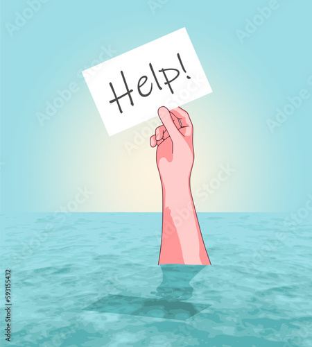 Hand of drowning person. Help text on a piece of paper. Life saving in sea or ocean. Psychology concept of depression