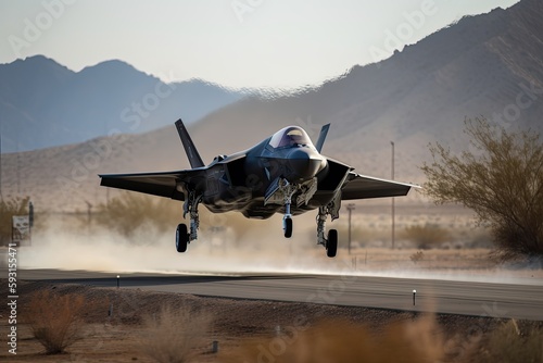 f-35 fighter jet making its final approach to landing strip, created with generative ai