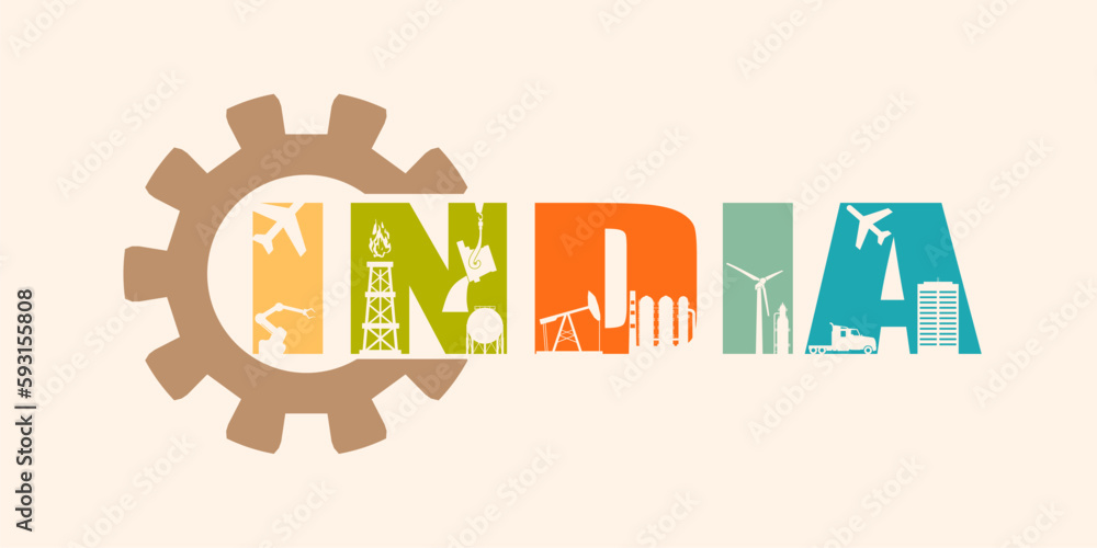 Energy generation and heavy industry of India. Country name build in gear. Icons with text.
