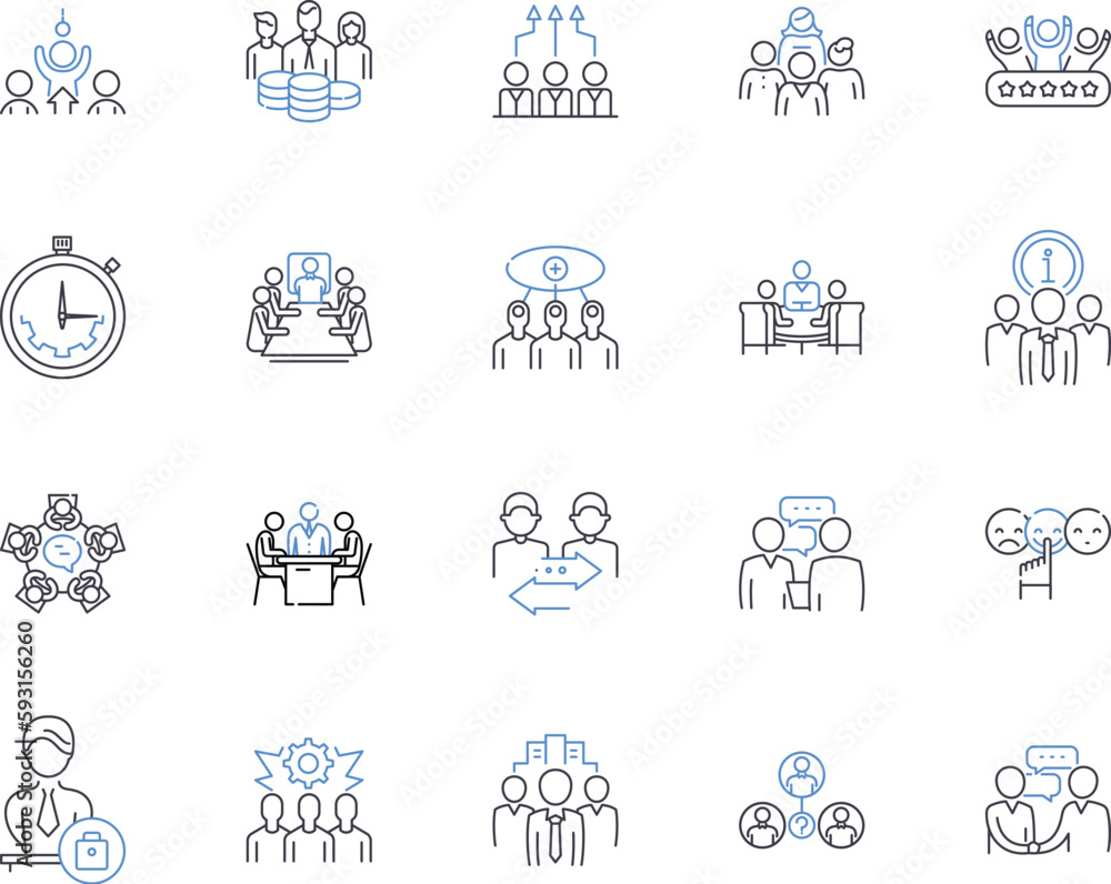 Management teamwork outline icons collection. Teamwork, Management, Collaboration, Efficiency, Working, Organization, Cohesion vector and illustration concept set. Communication, Unity, Relationships