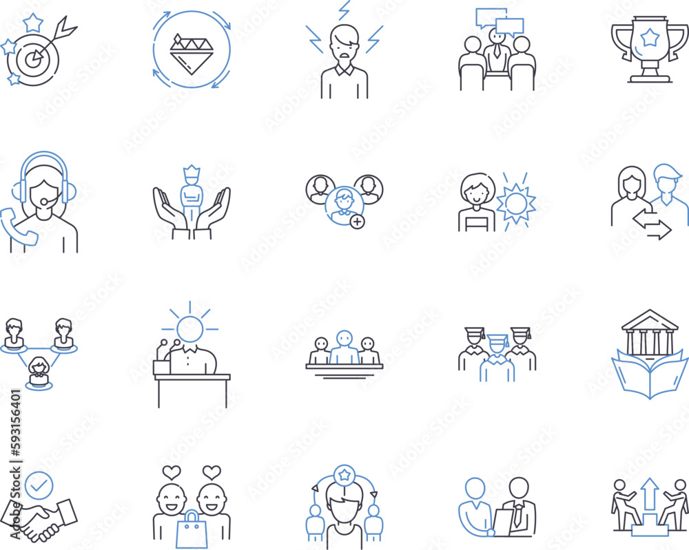 Corporate coaching outline icons collection. Corporate, Coaching, Training, Professional, Team, Leadership, Business vector and illustration concept set. Manager, Executive, Employee linear signs