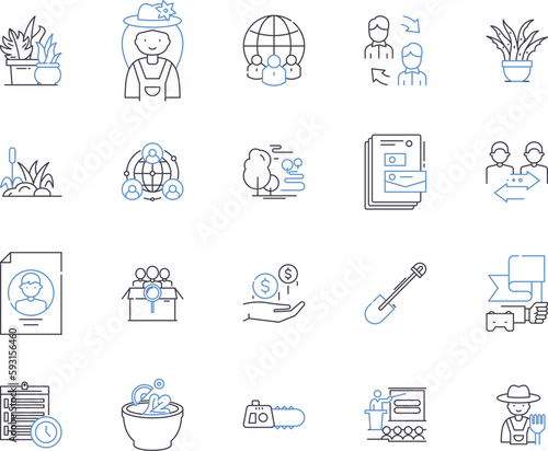 Farming business outline icons collection. Cropping, Sowing, Farming, Cultivating, Reaping, Flourishing, Tilling vector and illustration concept set. Harvesting, Agribusiness, Irrigation linear signs