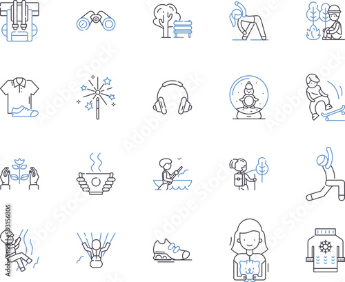 Adventure tours outline icons collection. Adventure, Tours, Journey, Trekking, Hiking, Rocky, Exploring vector and illustration concept set. Safari, Wild, Mountains linear signs