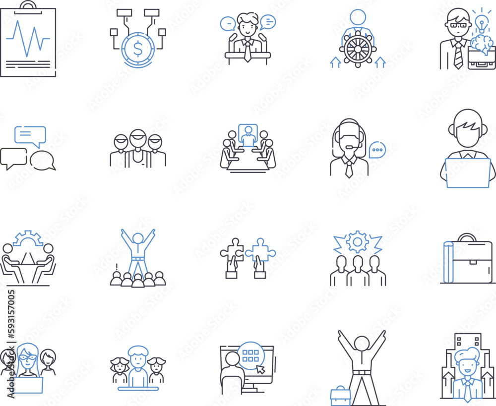 Employee effectiveness outline icons collection. Productivity, Efficiency, Performance, Quality, Output, KPI, Skilled vector and illustration concept set. Motivation, Reliability, Accuracy linear