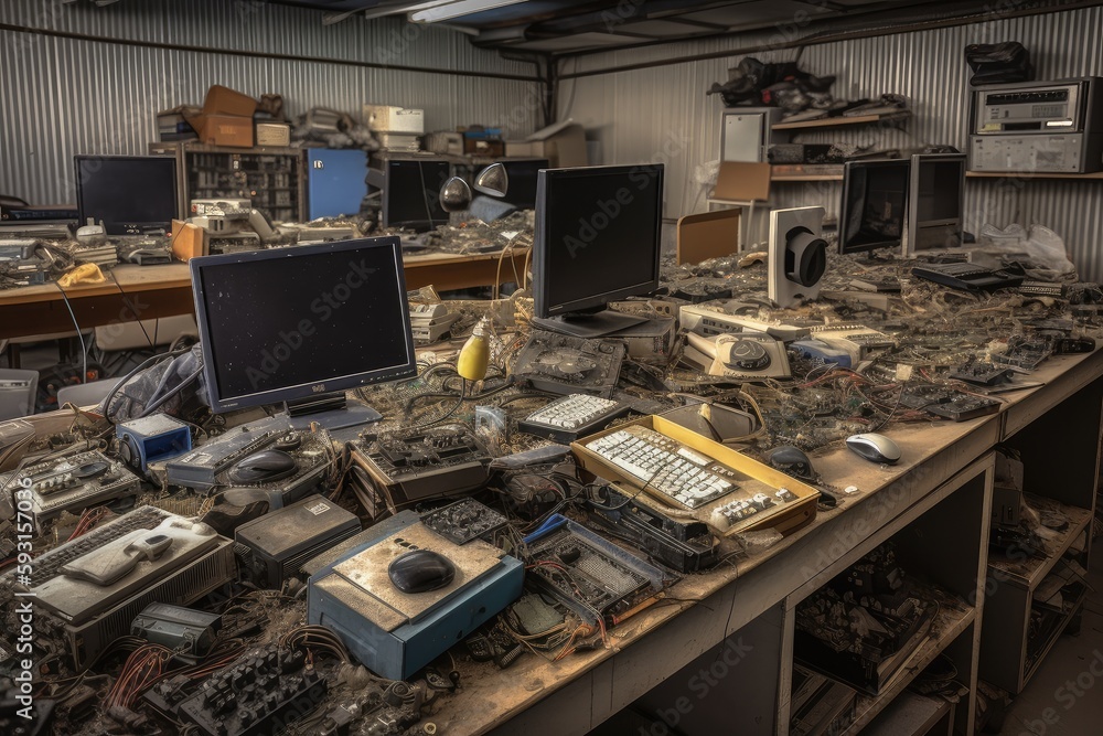 ภาพประกอบสต็อก e-waste recycling center, with various electronic ...