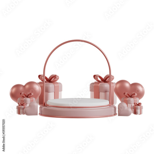 3d podium heart platform, happy valentine pink love display stage illustration