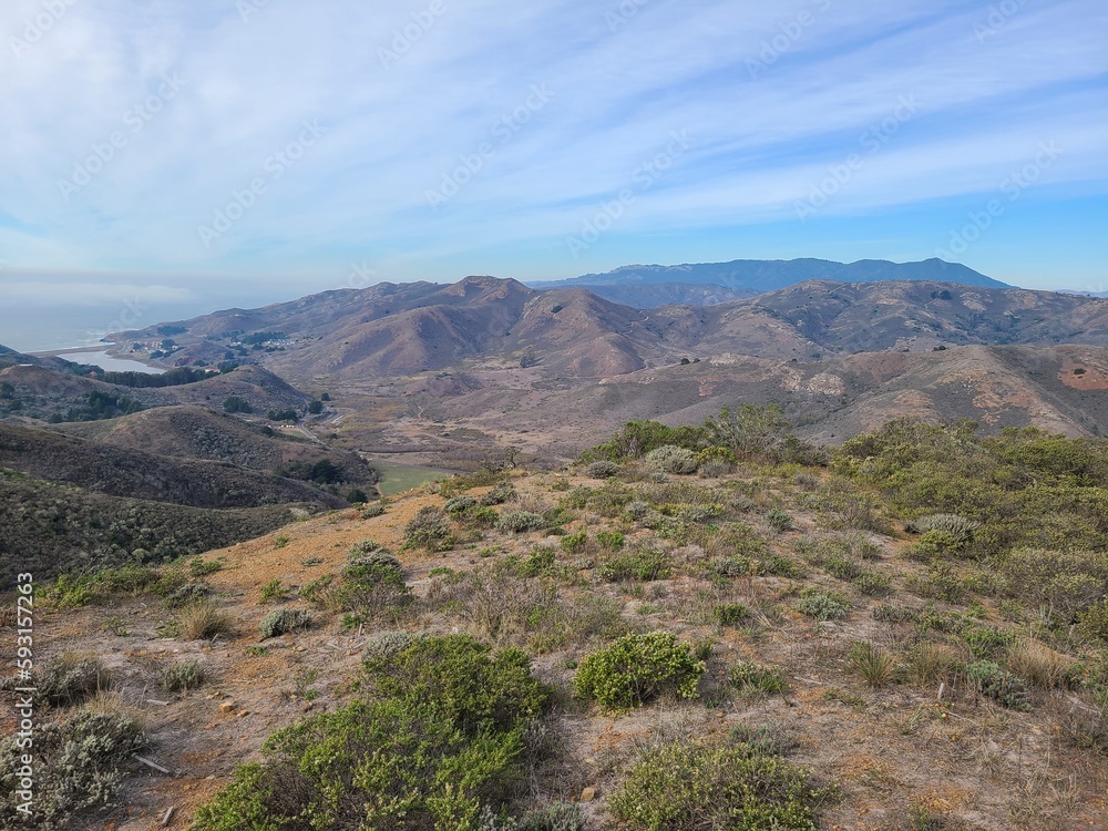 View of Mt Tamalpais and the coast range from the trails at Marin Headlands near San Francisco, California