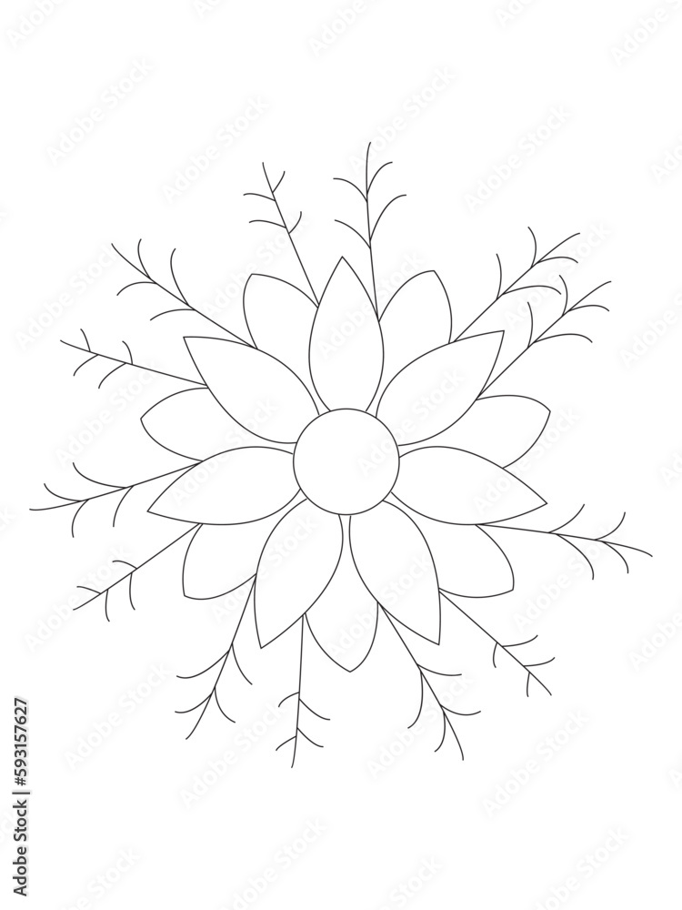 
 Flowers  Leaves Coloring page Adul and Flower Outline Illustration for Covering Book. Coloring book for kids and adults.