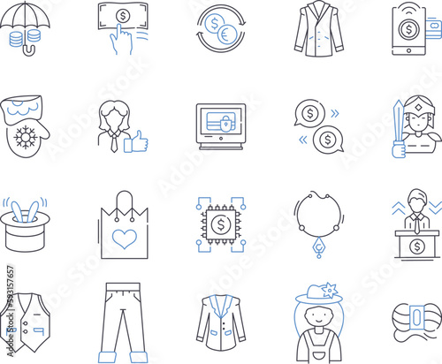 Fashion industry outline icons collection. Clothing, Garments, Apparel, Accessories, Style, Runway, Textiles vector and illustration concept set. Fabric, Shoes, Designers linear signs