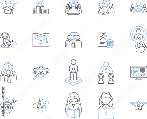 Staff studying outline icons collection. Examining, Learning, Gaining, Educating, Grasping, Delving, Investigating vector and illustration concept set. Educating, Preparing, Appraising linear signs