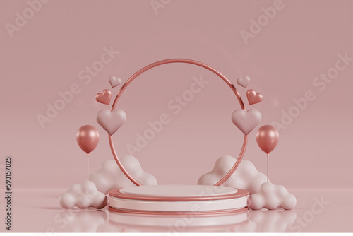 3d podium heart platform, happy valentine pink love display stage illustration