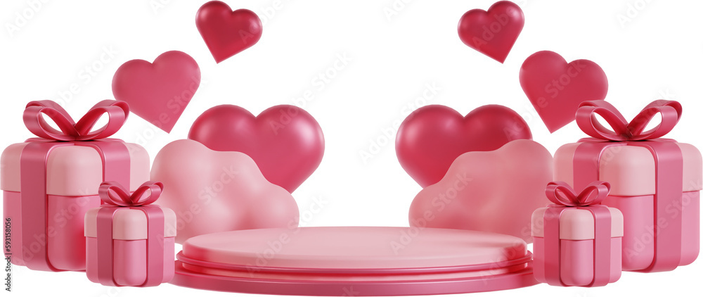 3d podium heart platform, happy valentine pink love display stage illustration