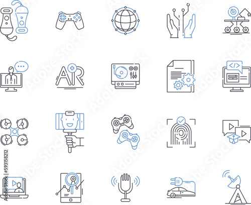 Electronic products outline icons collection. Electronics, Products, Gadgets, Devices, Appliances, Computers, Television vector and illustration concept set. Laptops, Audio, Video linear signs