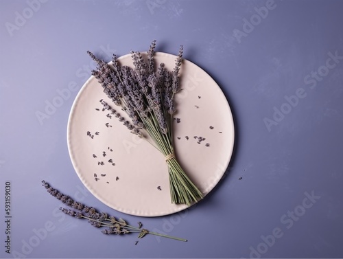 Lavender flowers on a plate on a purple background. Top view