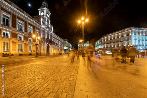 Puerta del sol square in Madrid, Spain illuminated at night