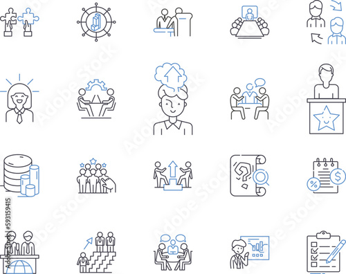 Office coworkers outline icons collection. Colleagues, Coworkers, Teammates, Staff, Associates, Bureaucrats, Compatriots vector and illustration concept set. Managers, Executives, Peers linear signs