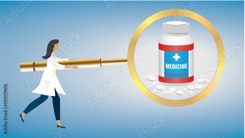 Woman, doctor, pharmacist with on big magnifying glass , focus, looking at medication. Prescription, medication, reciep. Dimension 16:9. You can find other medicine illustration in same banner design.