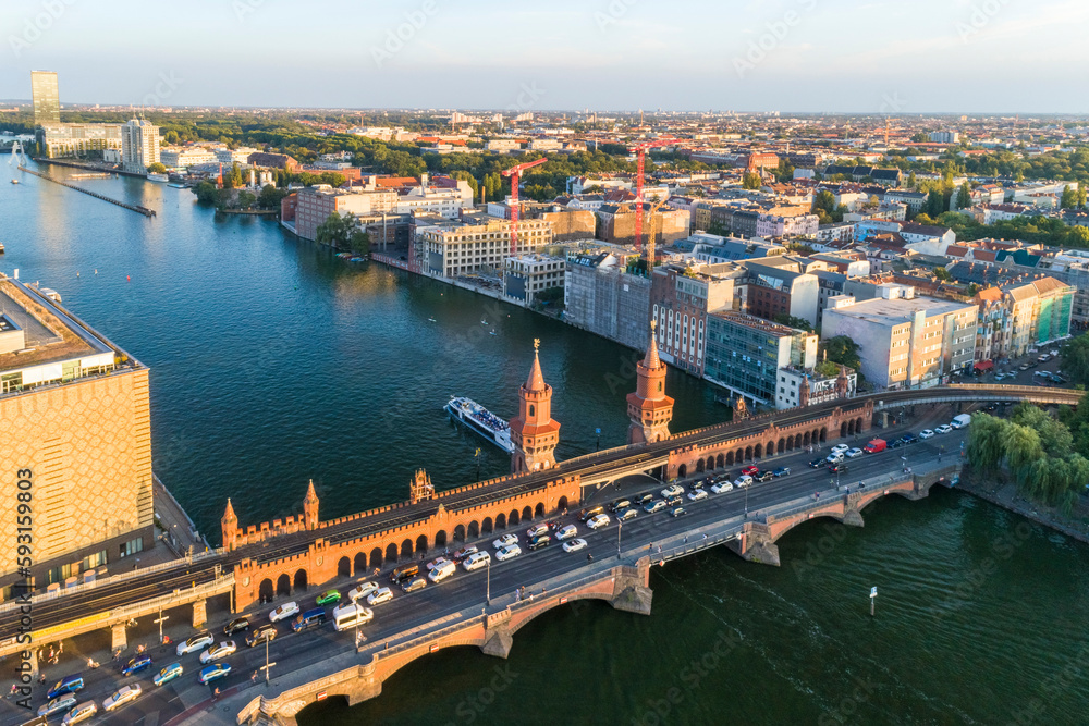 Fototapeta premium Aerial of Oberbaum Bridge in Friedrichshain., Berlin, Germany