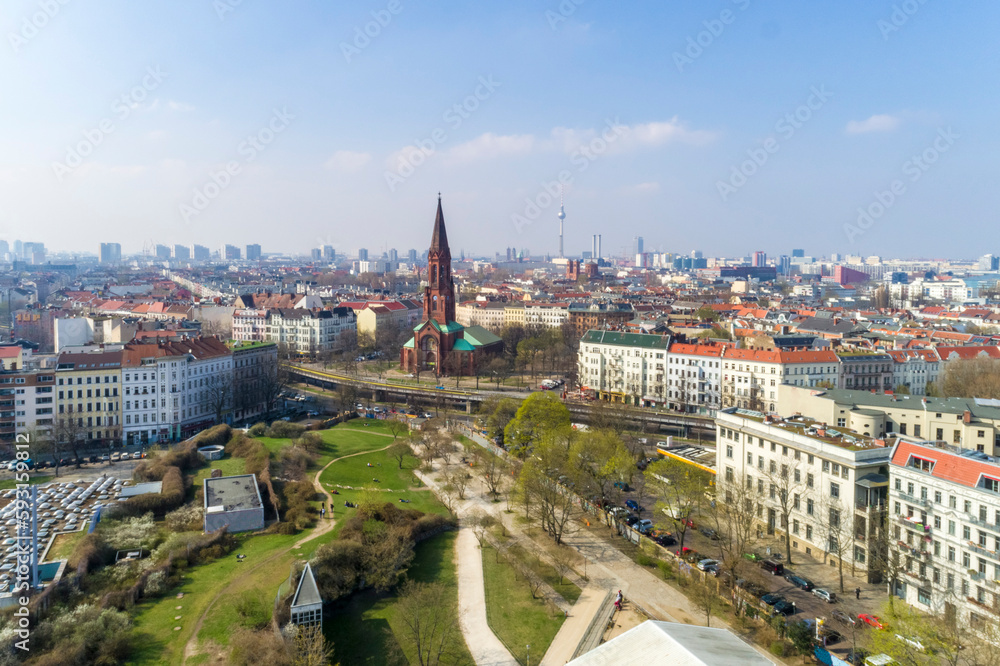 Aerial view of Gorlitzer Park in Kreuzberg, Berlin, Germany