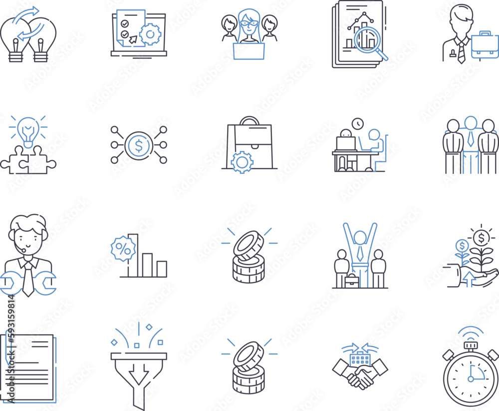 Finance and money outline icons collection. Money, Finance, Banking, Investment, Credit, Debt, Interest vector and illustration concept set. Tax, Earnings, Cryptocurrency linear signs