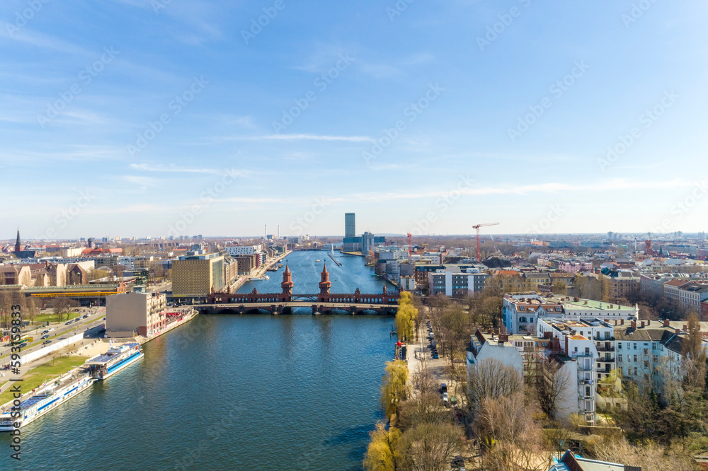 Aerial of Oberbaum Bridge in Friedrichshain., Berlin, Germany