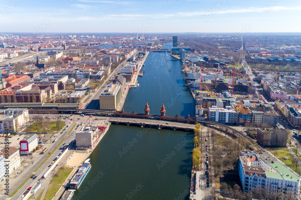 Naklejka premium Aerial of Oberbaum Bridge in Friedrichshain., Berlin, Germany