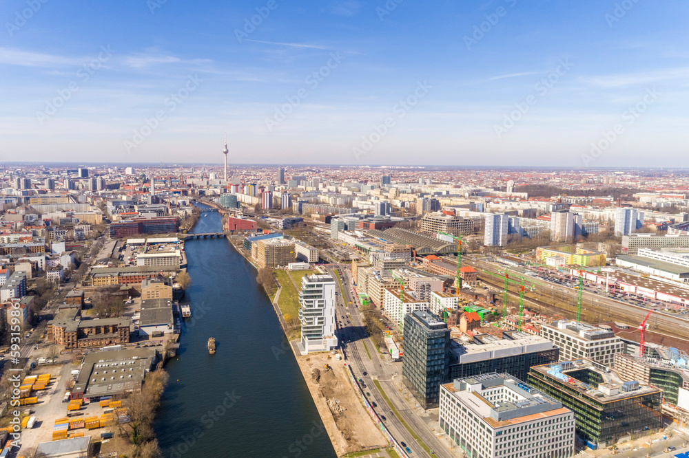 Aerial view of Spree river gallery,  Friedrichshain, Berlin, Germany