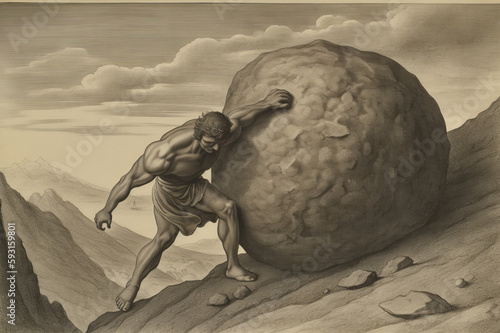 The Endless Struggle Sisyphus' Perpetual Journey of Rolling a Stone Uphill on the Mountain, Generative AI