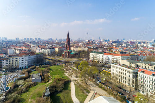 Aerial view of Gorlitzer Park in Kreuzberg, Berlin, Germany