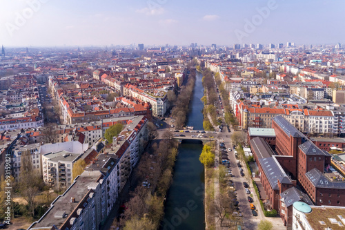 Aerial view of Landwehr Canal in Kreuzberg, Berlin, Germany