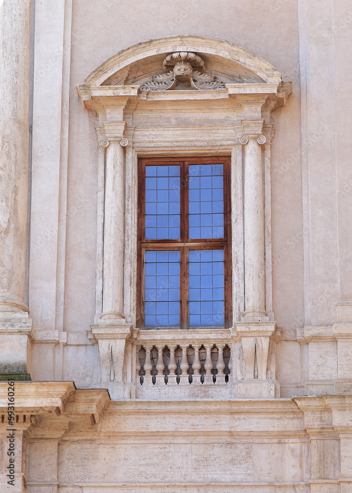 Palazzo Barberini Facade Window with Sculpted Frame Close Up in Rome, Italy