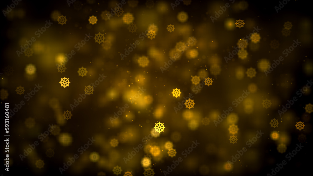 Abstract Religion Golden Shiny Blurry Focus Wheel Of The Law Dharmachakra Symbol Bokeh Light Glitter Sparkle Background