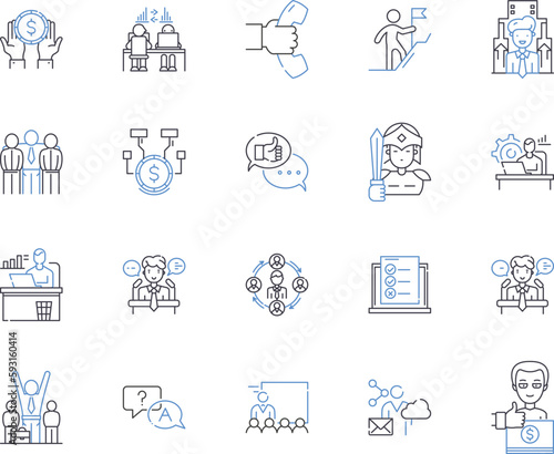 Employee labor outline icons collection. Employees, Labor, Employment, Working, Staff, Wage, Contract vector and illustration concept set. Jobs, Salaries, Hiring linear signs