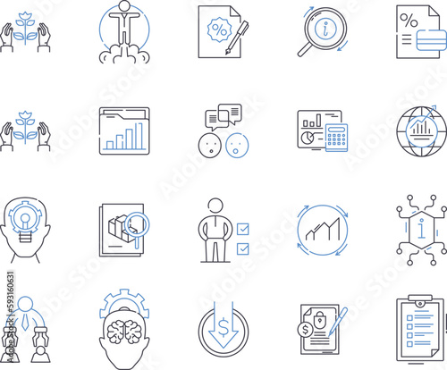 Financial Planning outline icons collection. Investing, Savings, Budgeting, Retirement, Insurance, Stocks, Bonds vector and illustration concept set. Annuities, Hedge Funds, Risk Management linear